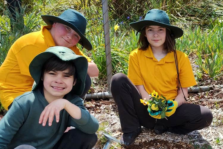 Three students working in a garden.